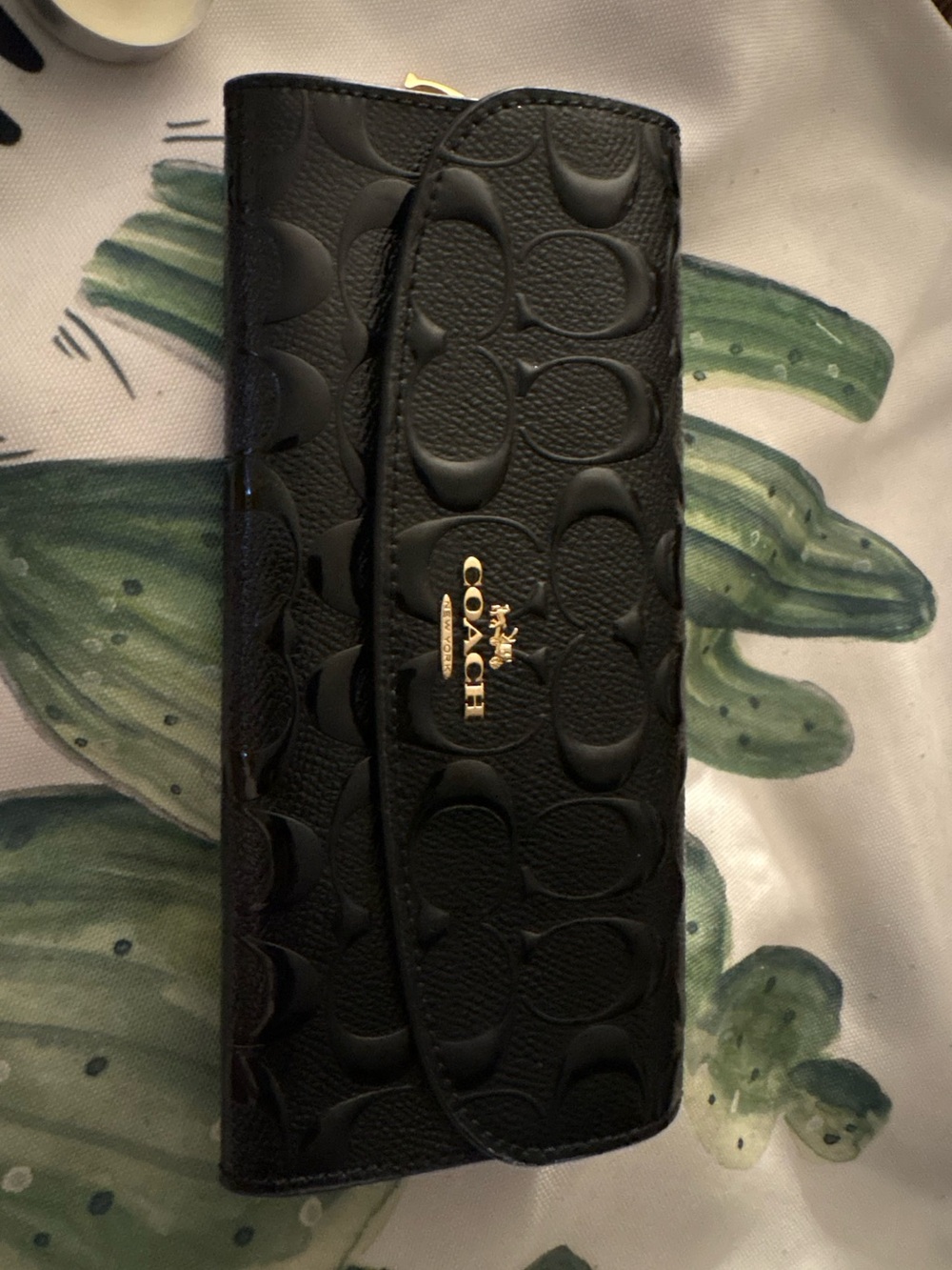 Coach Black Embossed Signature Continental Wallet with Gold Logo